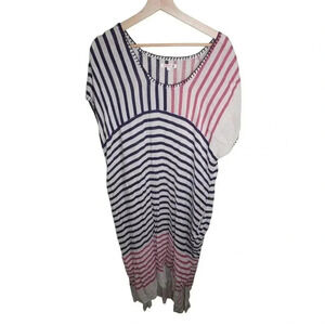 Sundry Linen Maxi Dress Womens OS Natural Beige Blue Red Stripe Caftan Pockets